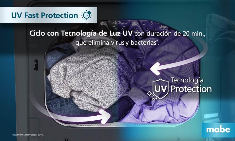 Ciclo con tecnología de Luz UV con duración de 20 min, que elimina virus y reduce hasta 99% de bacterias, por lo que cada prenda estará protegida con limpieza impecable al instante y sanitizado en seco.
